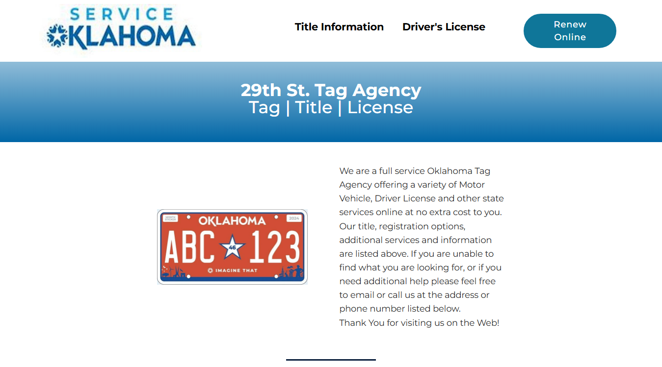 Website screenshot for 29th Street Tag Agency