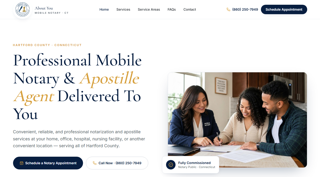 Website screenshot for About You Mobile Notary Services, LLC