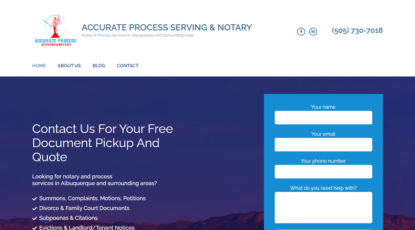 Website screenshot for Accurate Process Serving & Notary Inc.
