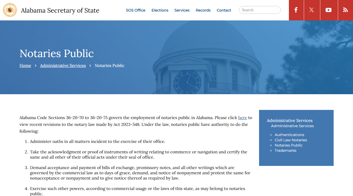 Website screenshot for Alabama State Notary
