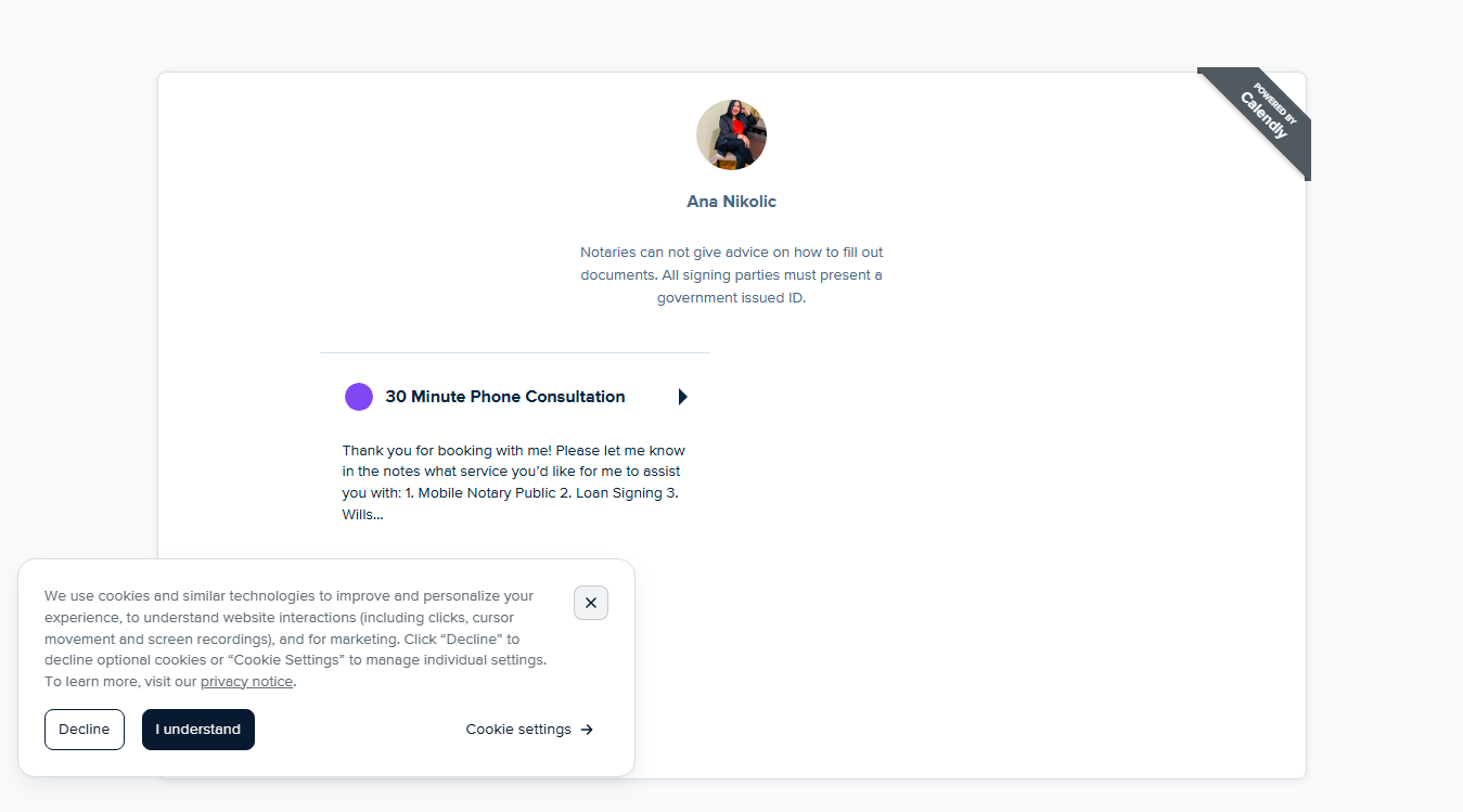 Website screenshot for Ana’s Mobile Notary Public, Wedding Officiant, Loan Signing Agent, and DMV Registrations and Title Services