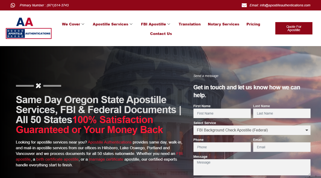 Website screenshot for Apostille Authentication | Oregon Apostille | FBI Apostille | Oregon Apostille Courier