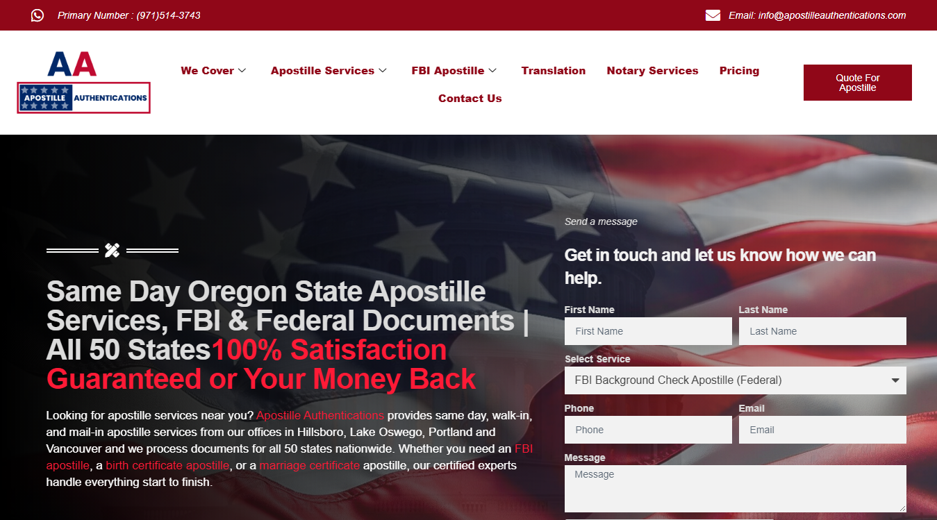 Website screenshot for Apostille Authentication Oregon | FBI Apostille | Oregon Apostille Courier