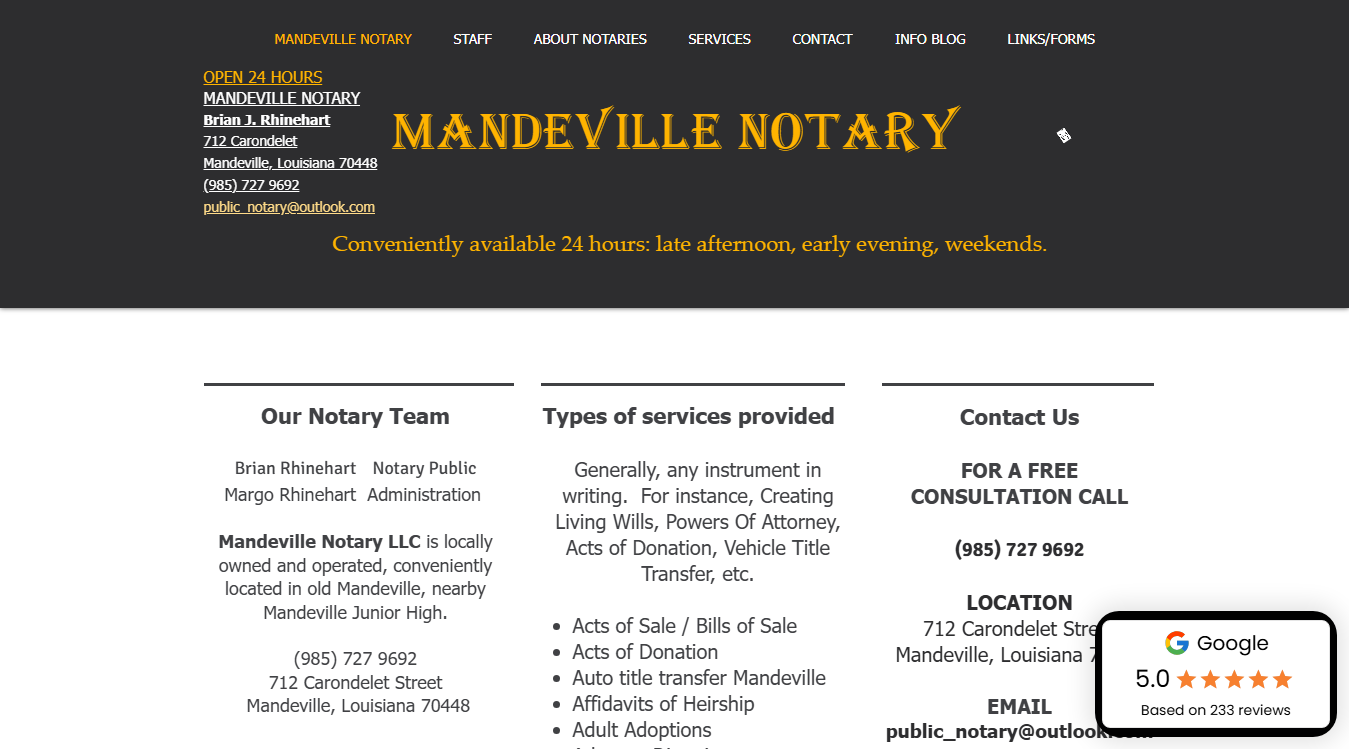 Website screenshot for Brian J. Rhinehart - Mandeville Notary LLC