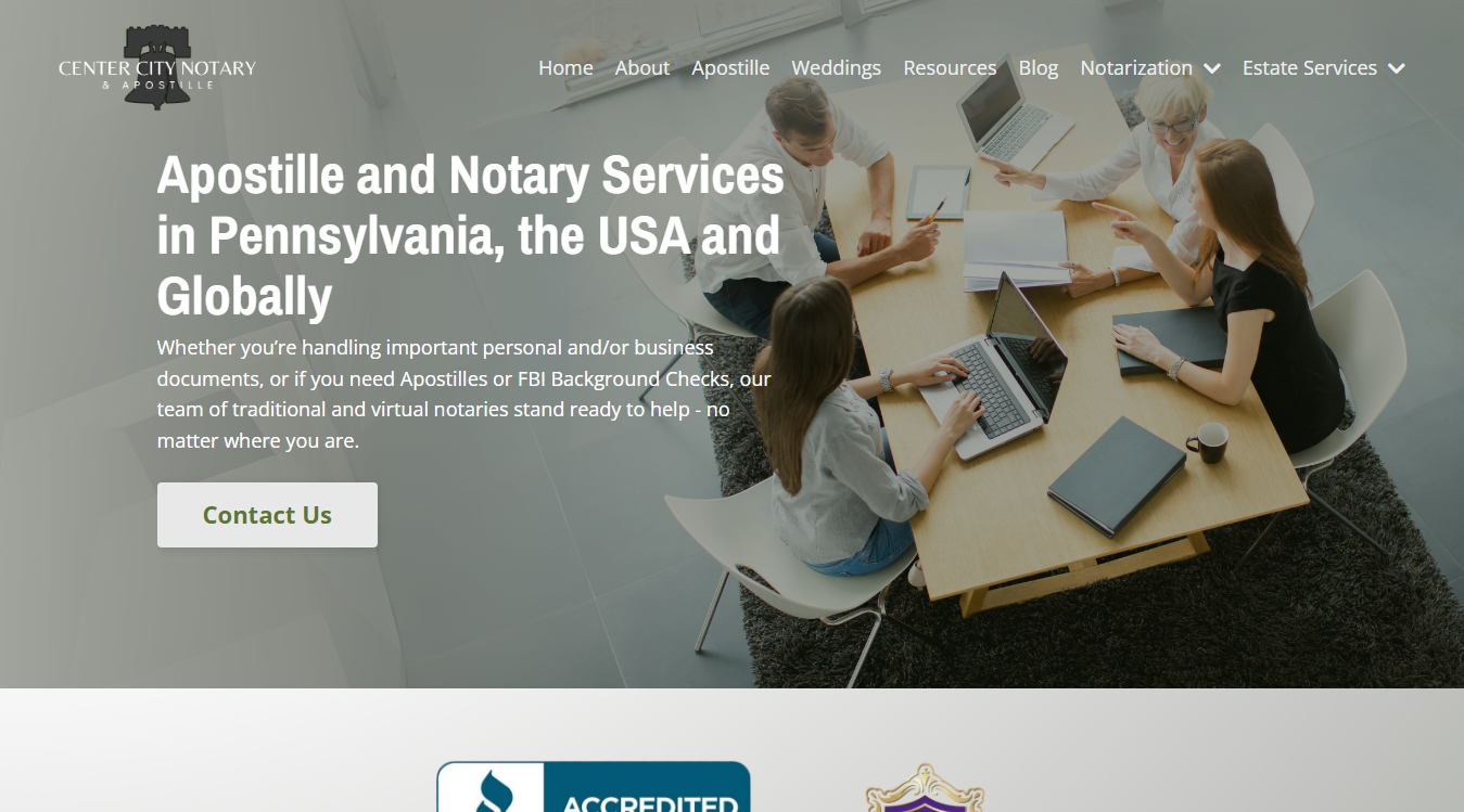 Website screenshot for Center City Notary & Apostille Co.