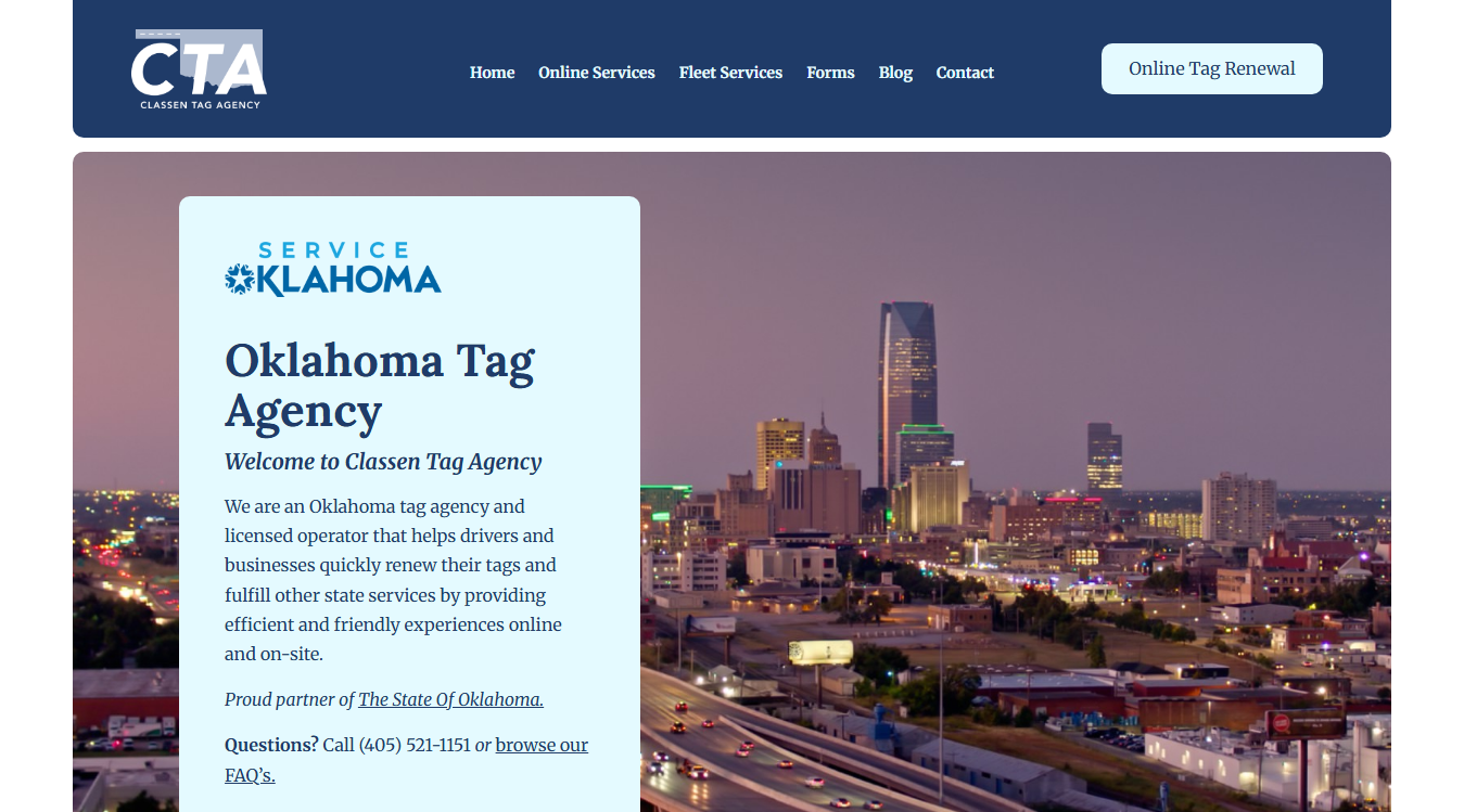 Website screenshot for Classen Tag Agency & Mail Center