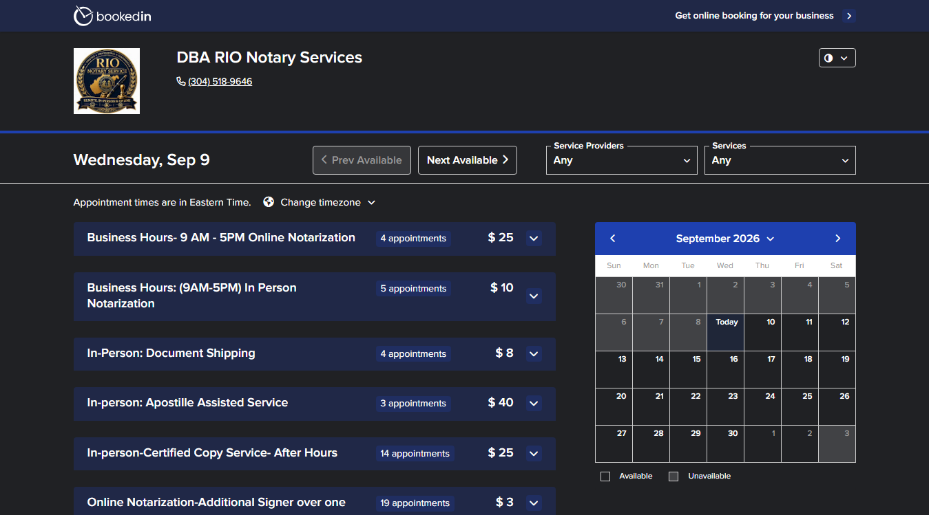 Website screenshot for DBA RIO Notary Services