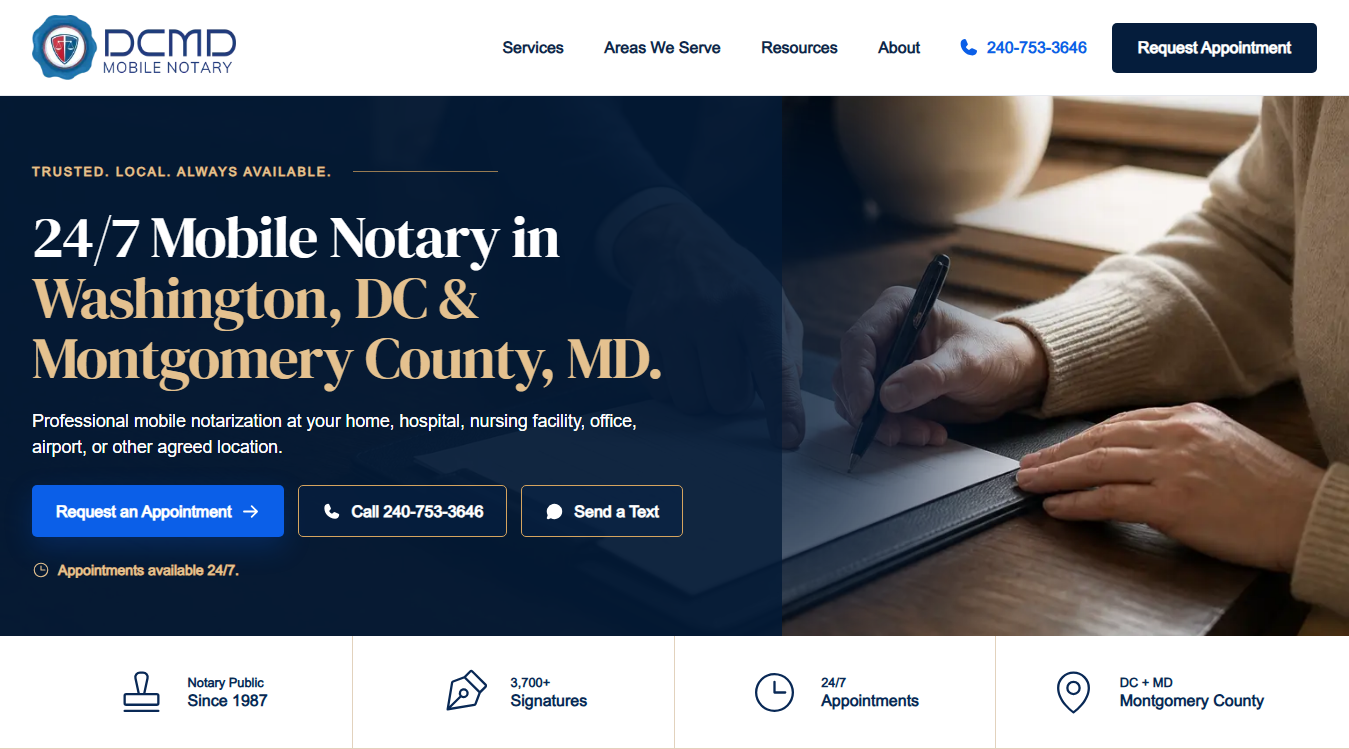 Website screenshot for DCMD Mobile Notary