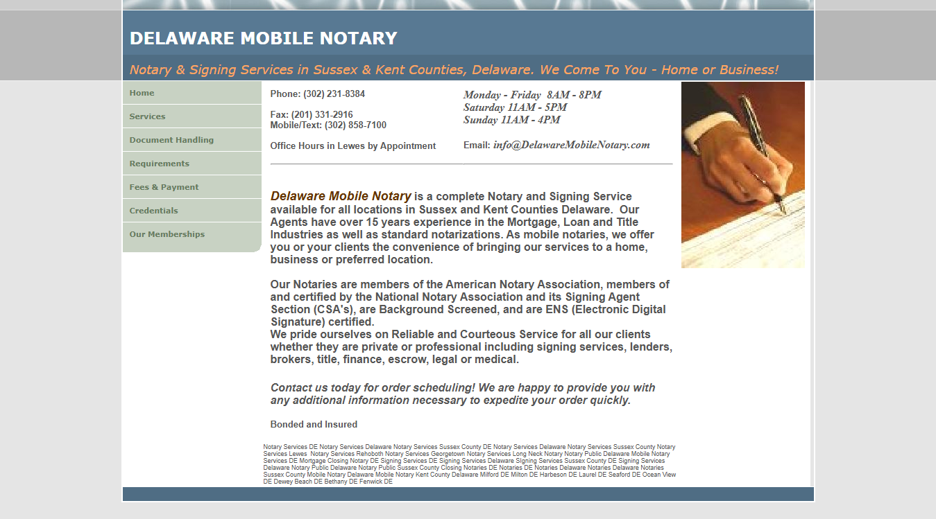 Website screenshot for Delaware Mobile Notary