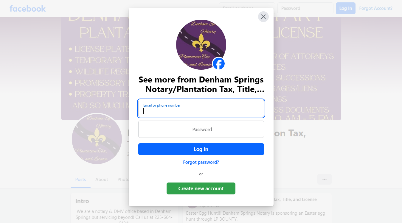Website screenshot for Denham Springs Notary / Plantation Tax, Title & License