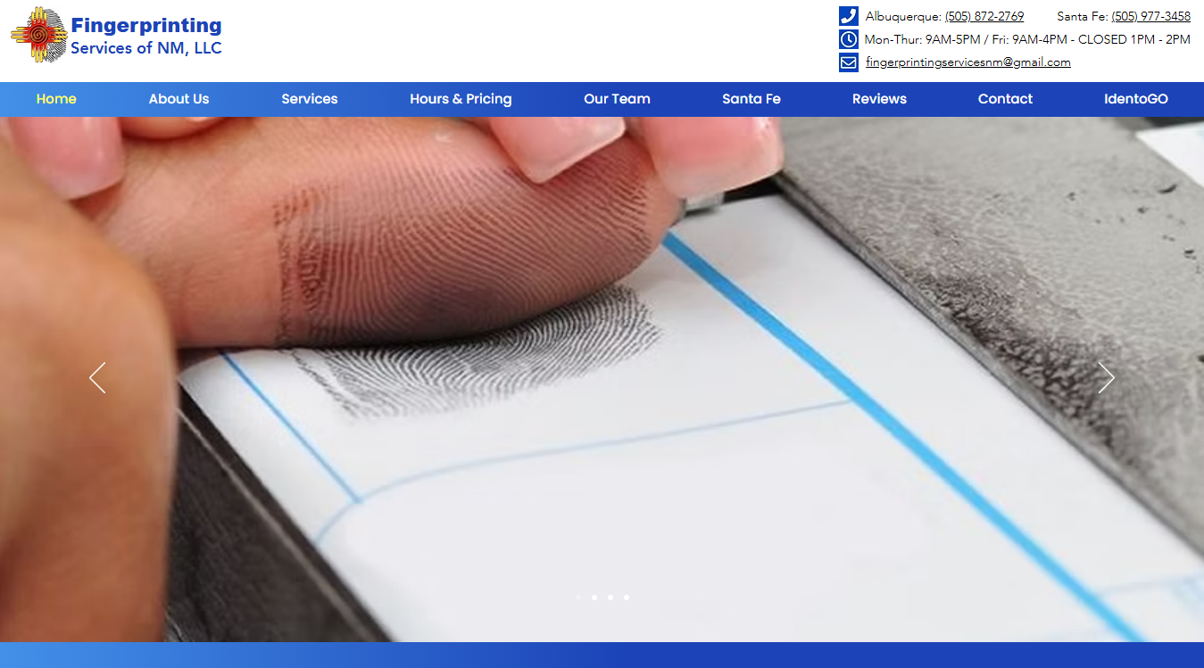 Website screenshot for Fingerprinting Services of NM, LLC