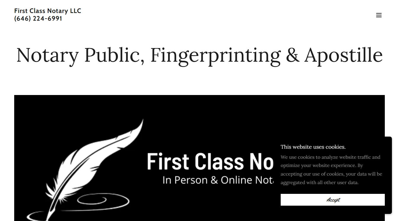 Website screenshot for First Class Notary, Apostille & Fingerprinting