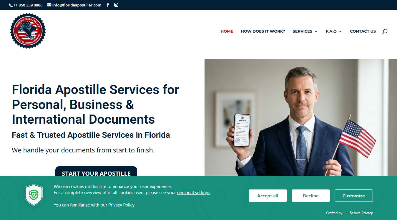 Website screenshot for Florida Apostillar – Apostille, Notary Public & Translation Services