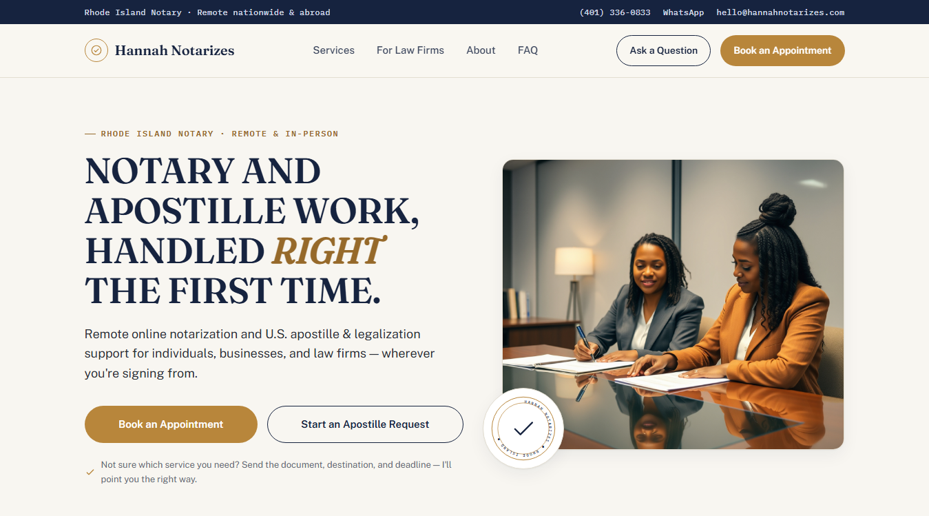 Website screenshot for Hannah Notarizes LLC