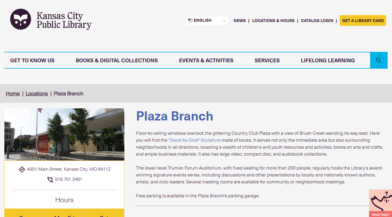 Website screenshot for Kansas City Public Library: Plaza Branch