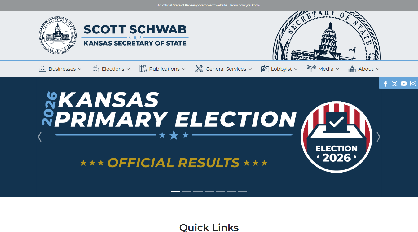 Website screenshot for Kansas Secretary of State