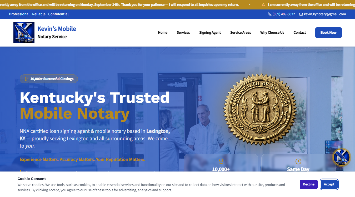 Website screenshot for Kevin's Mobile Notary Service, LLP