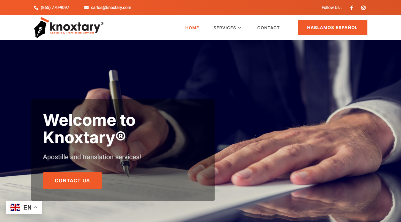Website screenshot for Knoxtary Mobile Notary