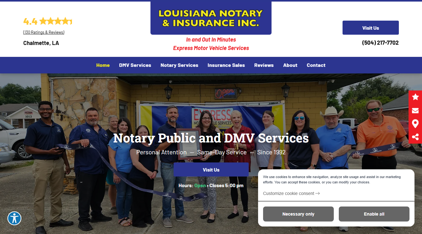 Website screenshot for Louisiana Notary & Insurance Inc