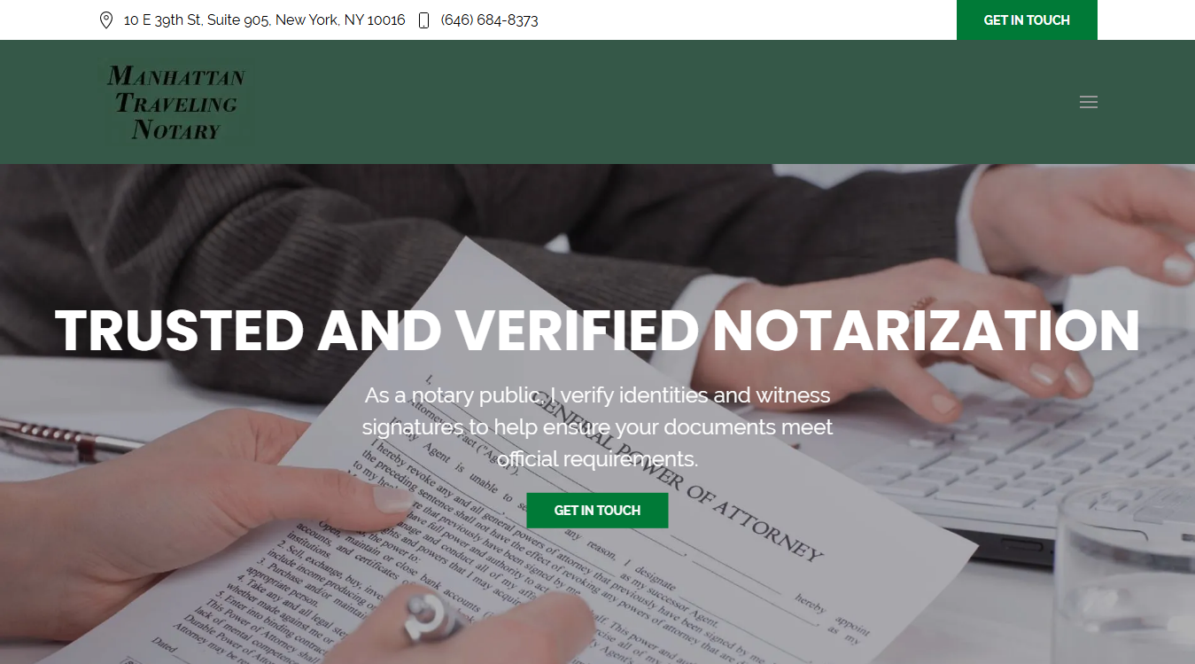 Website screenshot for Manhattan Traveling Notary