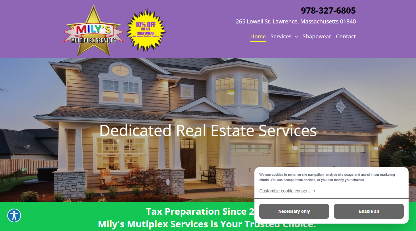 Website screenshot for Mily's Multiplex Services