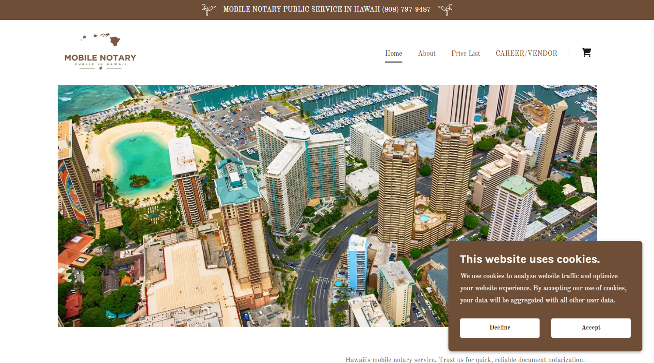 Website screenshot for Mobile Notary Public in Hawaii