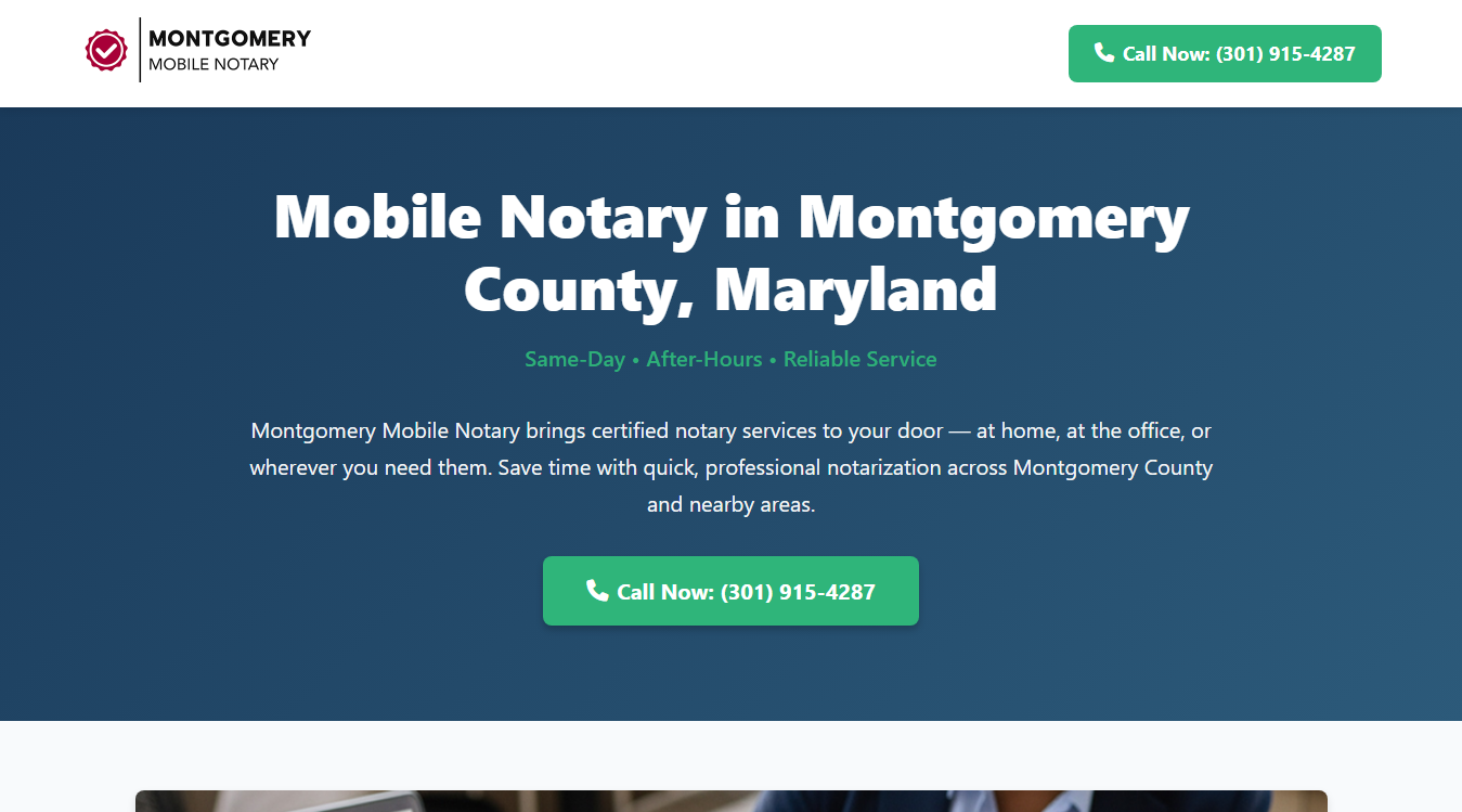 Website screenshot for Montgomery Mobile Notary