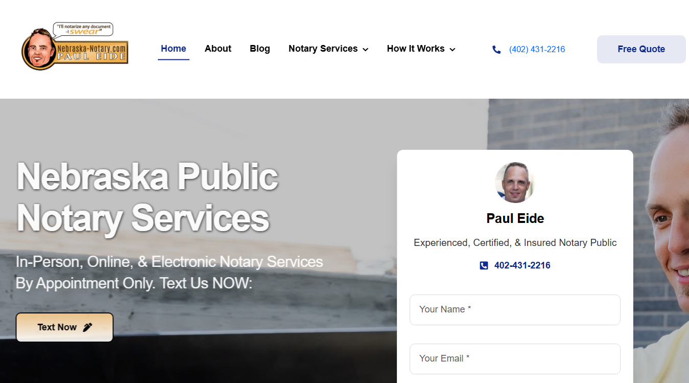 Website screenshot for Nebraska Notary