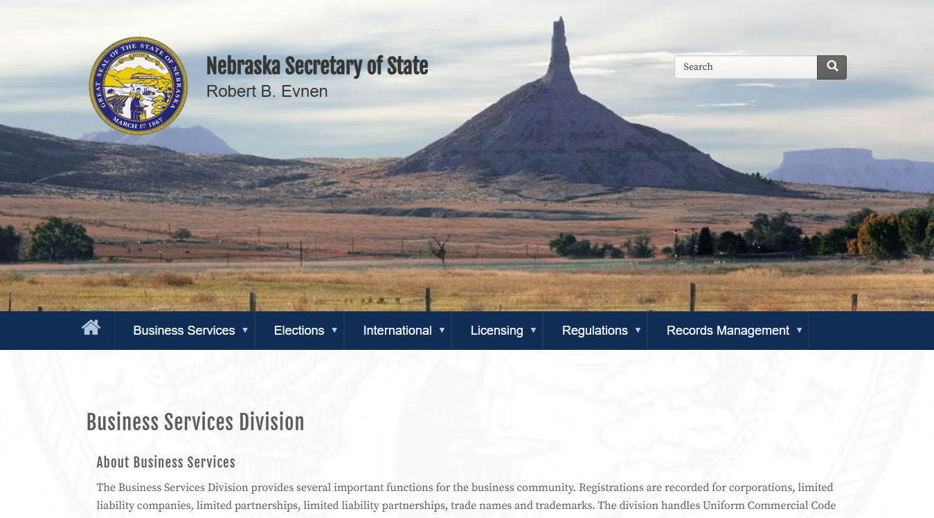 Website screenshot for Nebraska Secretary of State Business Office - Notary Division