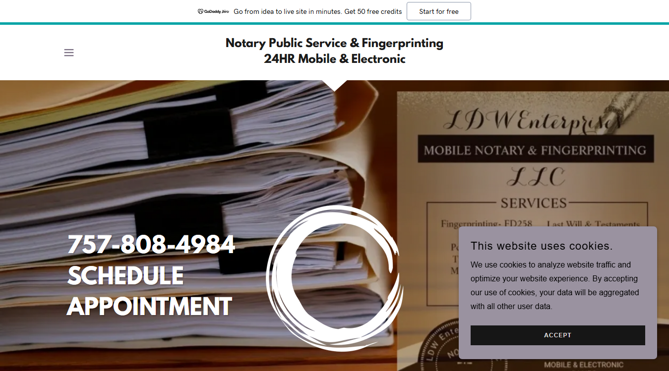 Website screenshot for Norfolk, Virginia Beach & Hampton Roads Areas 24Hrs: Mobile Notary Public/Fingerprinting
