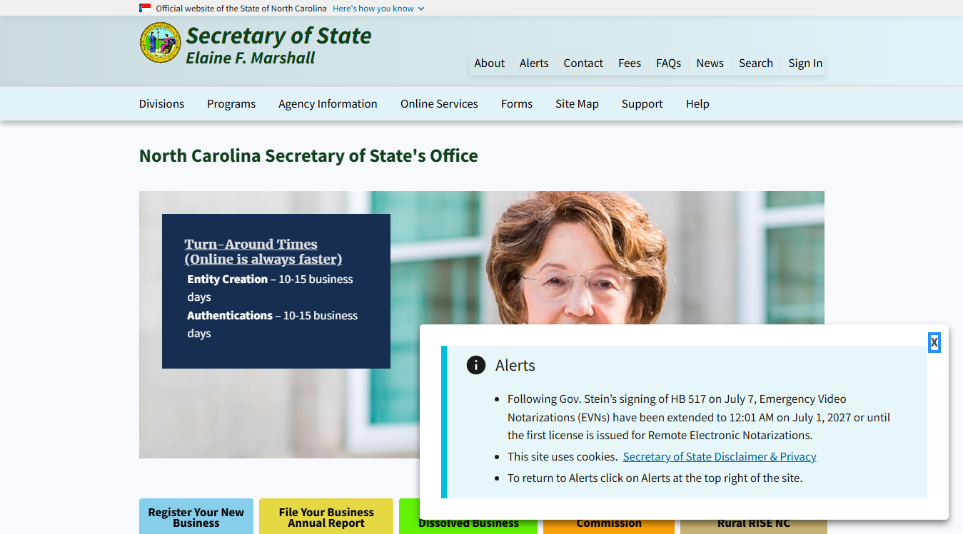 Website screenshot for North Carolina Department of the Secretary of State