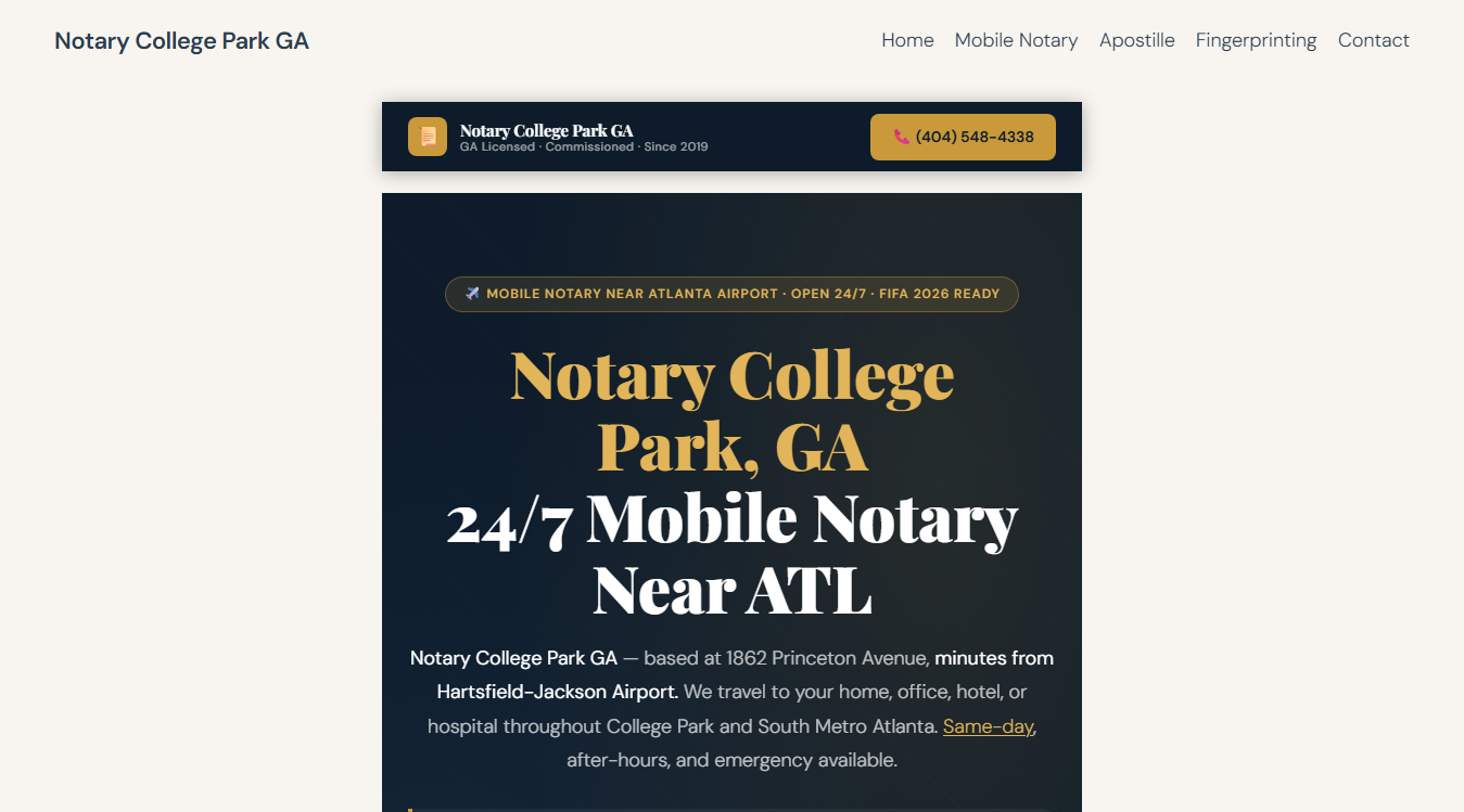 Website screenshot for Notary College Park GA