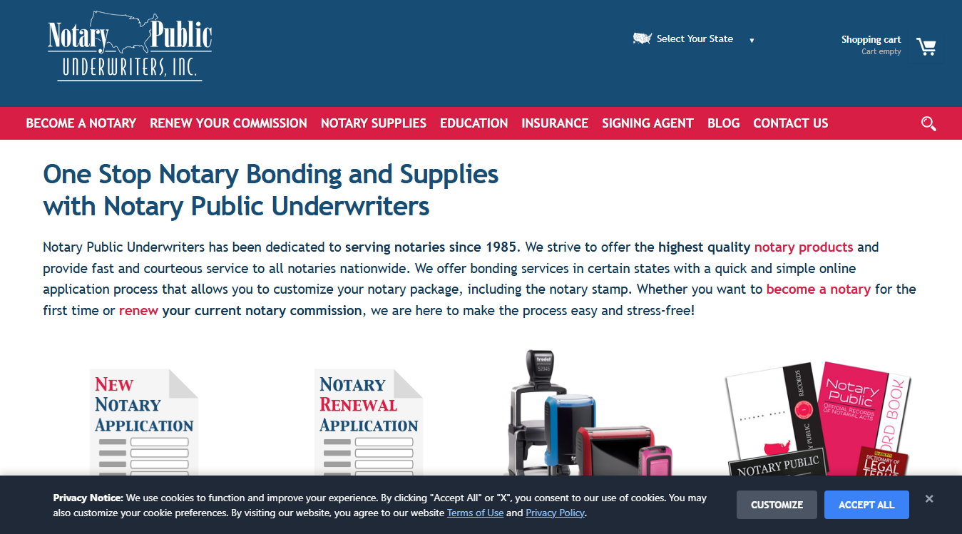 Website screenshot for Notary Public Underwriters