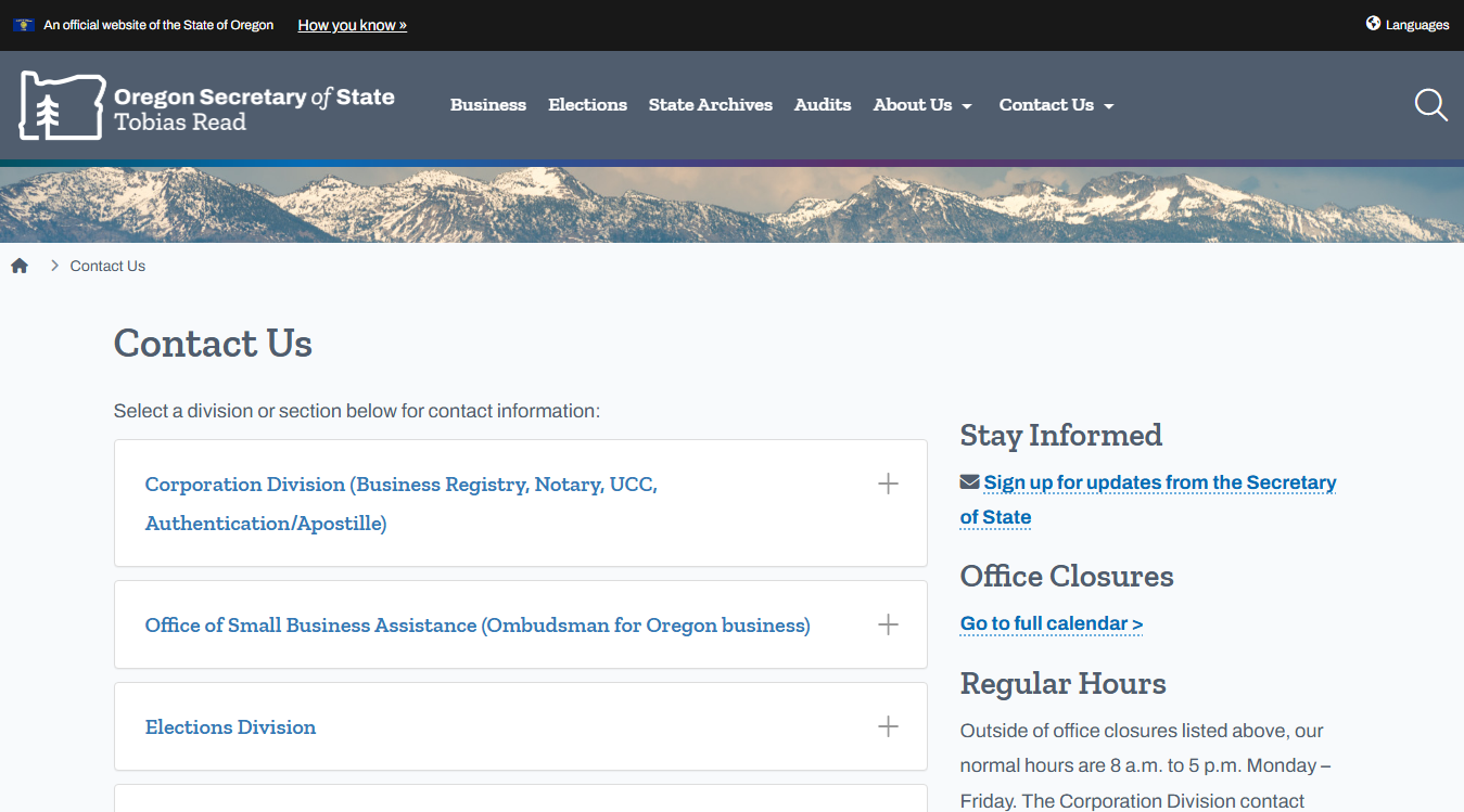 Website screenshot for Oregon Secretary of State