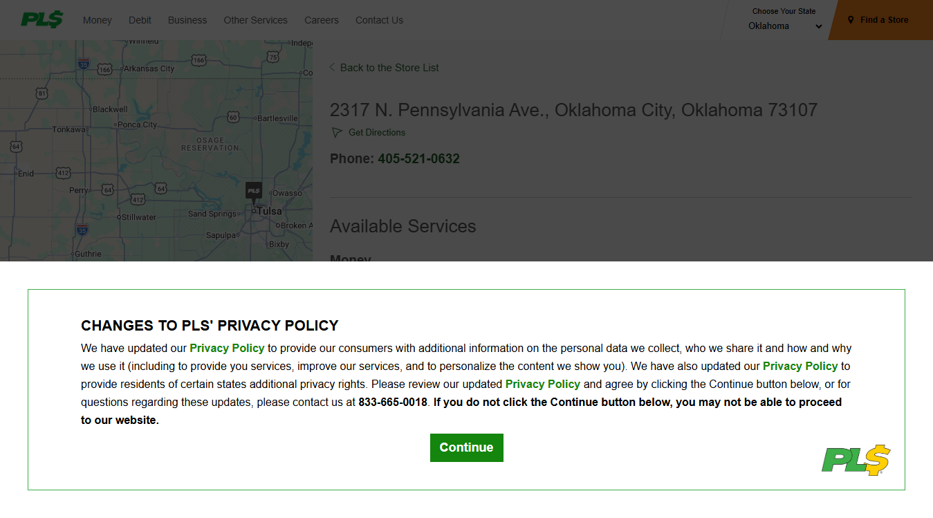 Website screenshot for PLS Check Cashers