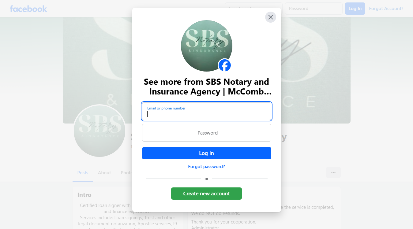 Website screenshot for SBS Notary