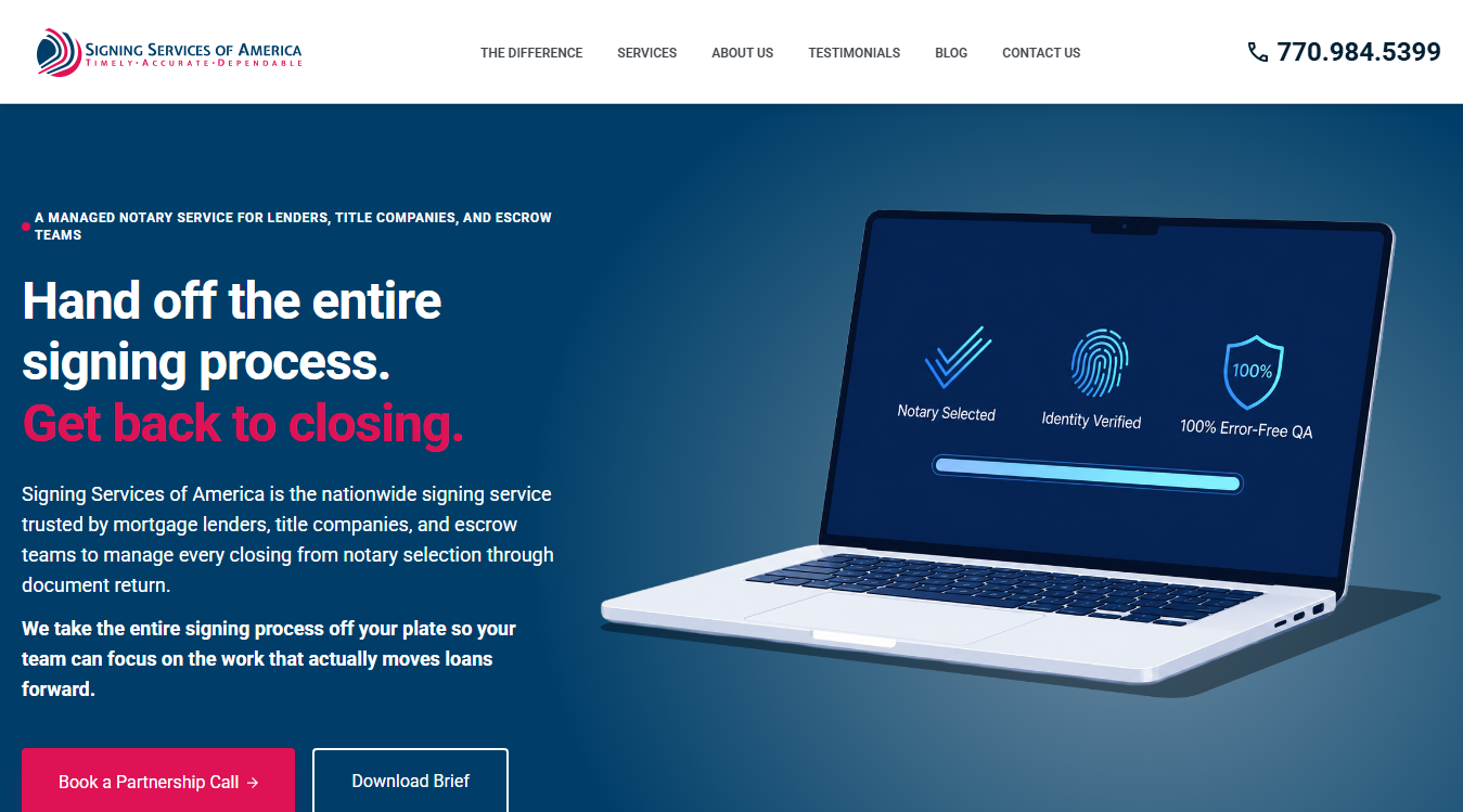 Website screenshot for Signing Services of America