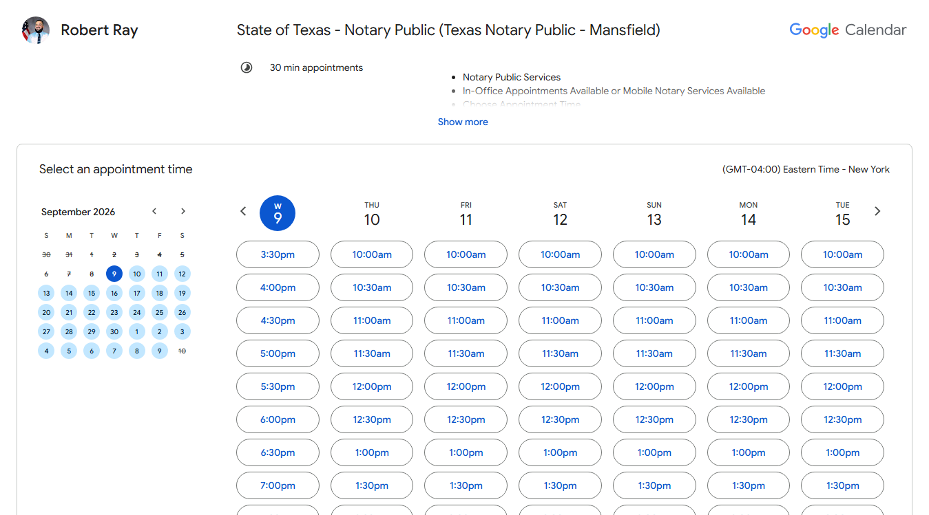 Website screenshot for Texas Notary Public - Mansfield