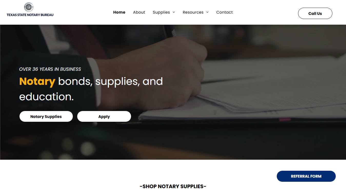 Website screenshot for Texas State Notary Bureau