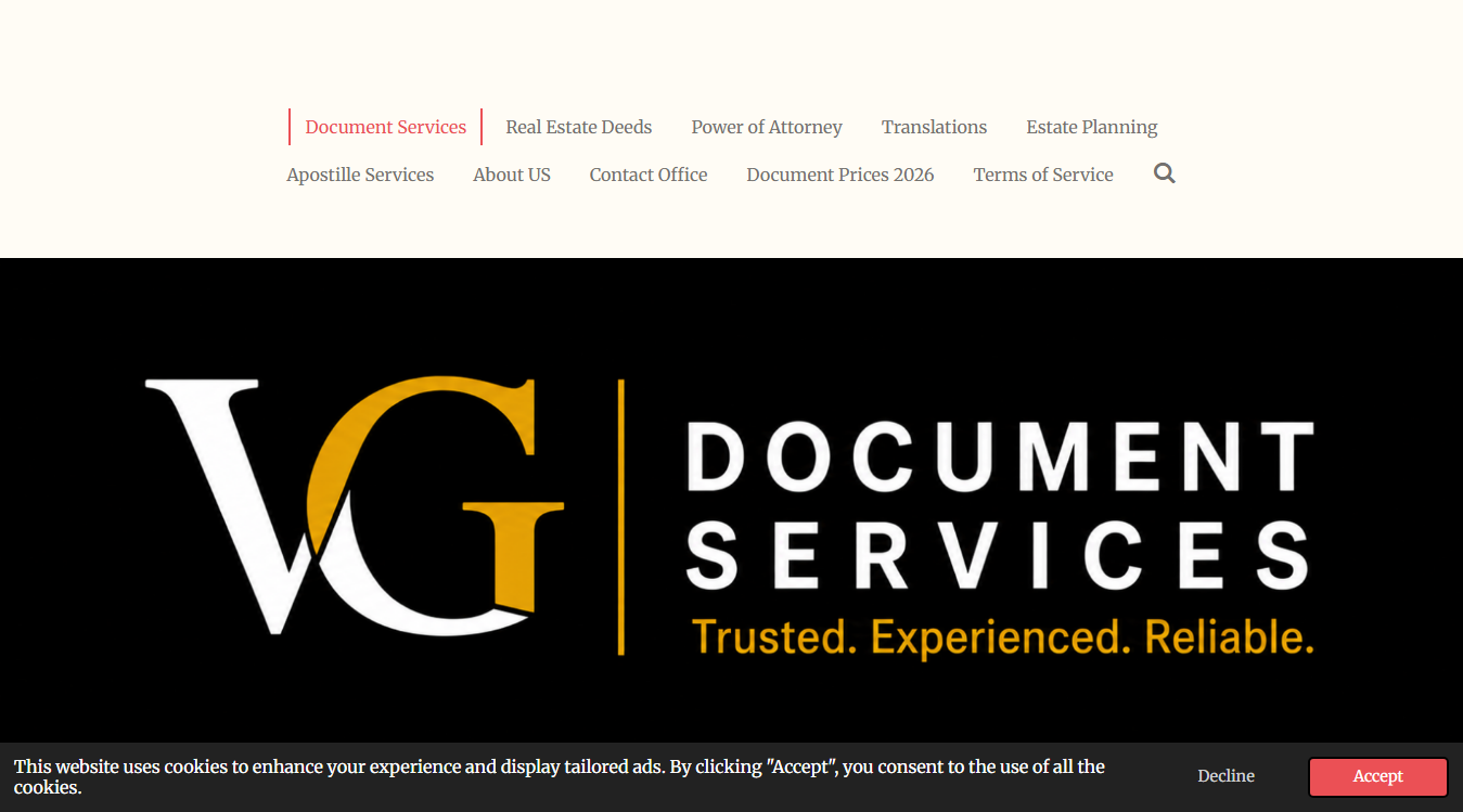 Website screenshot for VG NOTARY SERVICES