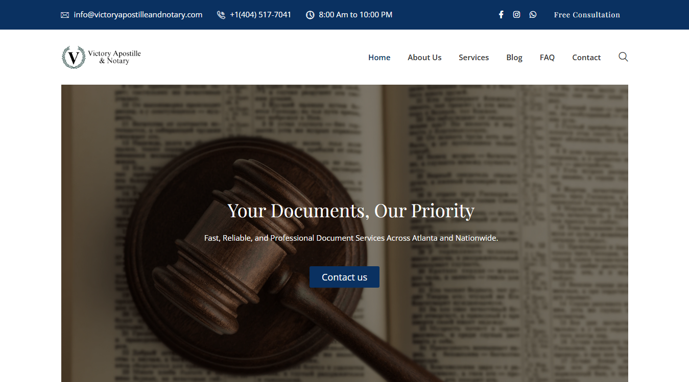 Website screenshot for Victory Apostille and Notary