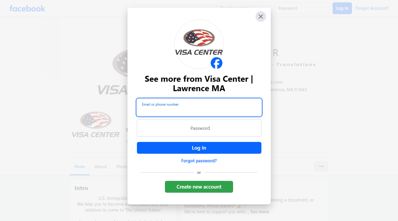 Website screenshot for Visa Center / Immigration, Notary Public, and Translation Services