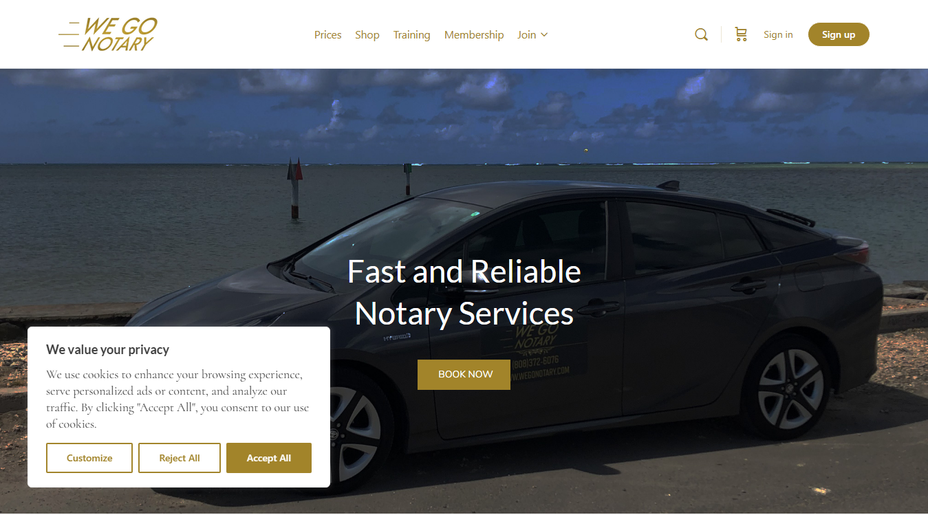 Website screenshot for We Go Notary - Notary Public, Notary Supplies, Notary Training, and Apostille