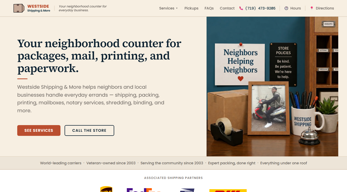Website screenshot for Westside Shipping and More - Human Side of Business