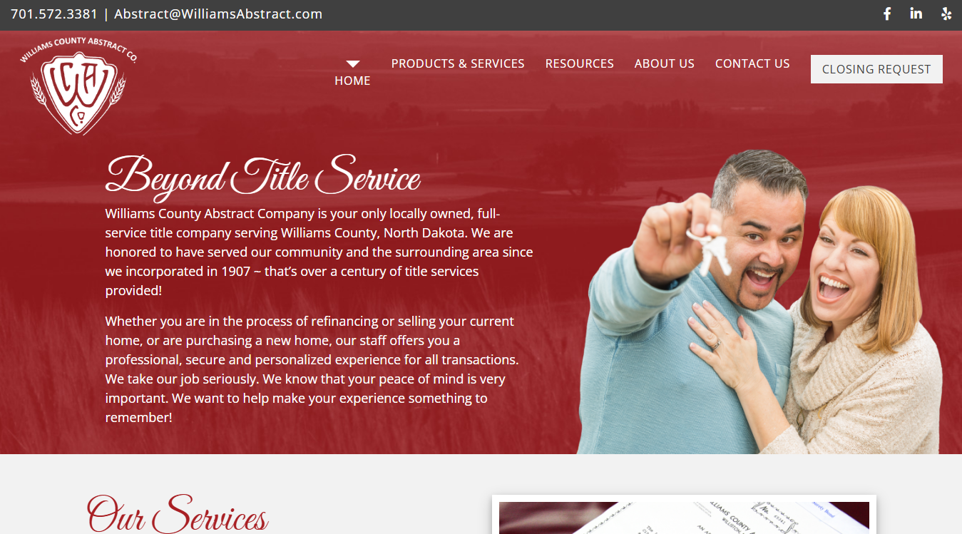 Website screenshot for Williams County Abstract Company