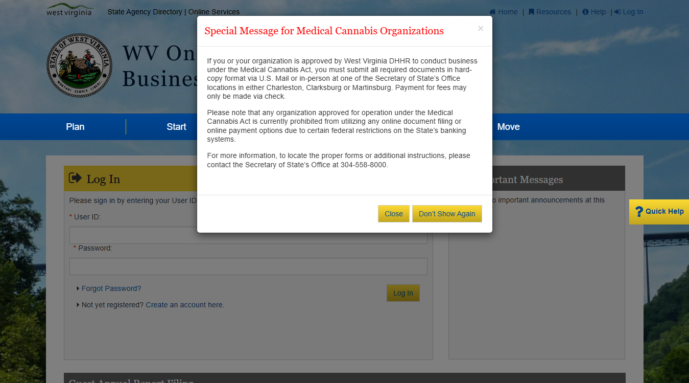 Website screenshot for WV One Stop Business Center